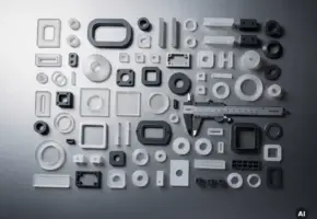 Precisiegesneden kunststof componenten in geometrische vormen op stalen ondergrond, met schuifmaat voor maatvoering.
