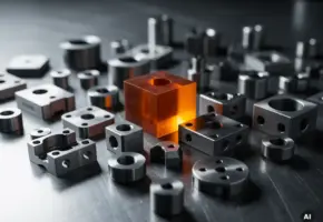 Precisiegefreesd kunststof onderdelen van nylon, PEEK en polycarbonaat op geborsteld stalen werkblad, met amberkleurig acetaalblok als middelpunt.