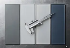 Acht precisiegesneden kunststof materiaalmonsters op geborsteld staal met micrometer voor maatnauwkeurigheid.