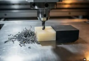 CNC-freesmachine snijdt door rubber, metaal en plastic materiaalmonsters op stalen werkoppervlak, met metaalkrullen ernaast.