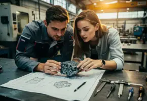 Productie-ingenieur en productontwerper bestuderen samen een plastic component op een stalen werkbank met CAD-tekeningen en precisiegereedschap.