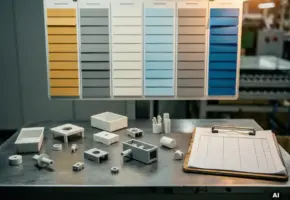 Kanban-planningsbord met kleurgecodeerde kaarten boven een werkbank met plastic onderdelen en een productieschema op klembord.
