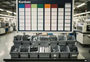 Kanban-productiebord boven een werkbank met nauwkeurig gesneden plastic componenten in geordende bakken op een industriële werkvloer.