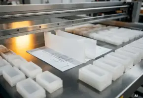 Maatwerk kunststof onderdeel uit industriële stansmachine, omgeven door herhaalopdrachten op stalen werktafel met technische tekening.