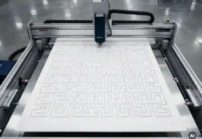 Industriële snijmachine stanst geneste kunststof onderdelen uit een wit plastic plaat met minimaal materiaalverlies.