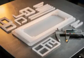 Precies gesneden kunststof onderdeel op snijoppervlak met geometrische restdelen, digitale schuifmaat en minimale materiaalverspilling.