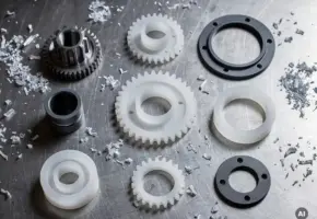 Precisie gefreesd plastic tandwielen, bussen en pakkingen op geborsteld stalen werkoppervlak met plastic krullen.