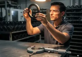 Kwaliteitscontroletechnicus inspecteert precisiegesneden rubberen pakking onder fabriekslicht, micrometer op stalen werkbank op de achtergrond.
