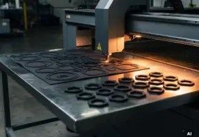 Lasersnijmachine snijdt nauwkeurig kleine series rubberen pakkingen uit een vlakke plaat, afgewerkte onderdelen netjes gerangschikt op stalen werktafel.