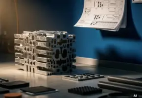 Stapel op maat gesneden industriële componenten op een fabrieksloer naast een kalender, met rubber- en kunststofmonsters in staalblauwe en amberkleurige tinten.