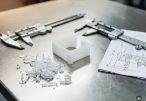 Precisie gesneden kunststof onderdeel op roestvrijstalen werkbank, omringd door schuifmaten en technische tekening.