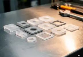 Precisie-gesneden plastic beschermonderdelen en afstandhouders in grijze en transparante tinten op stalen werkoppervlak.