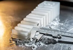 Gestapelde plastic onderdelen op stalen werkbank, gerangschikt op dikte, met precisiekalipers op het dunste stuk en polymeersnippers.