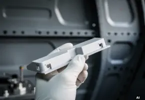 Gehandschoende hand houdt gefreesd lichtgewicht polymeer onderdeel voor vliegtuigromp interieur, machinale snijkanten zichtbaar.