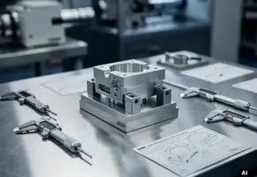 Luchtvaartcomponent in meetopstelling op roestvrijstalen werkbank, omgeven door micrometers en technische referentiesjablonen.