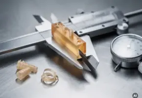 Precisie gesneden plastic onderdeel gemeten met schuifmaat op stalen werkbank, micrometer en krulspanen zichtbaar.
