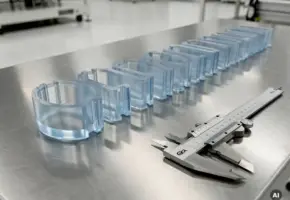 Precisiegesneden plastic onderdelen in productieserie op roestvrijstalen werkbank, met schuifmaat voor maatvoering.