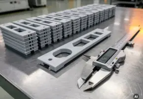 Nauwkeurig gesneden kunststof onderdeel op stalen werkbank met gestapelde identieke delen en industriële schuifmaat.