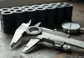 Precisie gestanste rubberen pakking gemeten met stalen schuifmaat op industriële werkbank, identieke onderdelen op rij, micrometer op achtergrond.