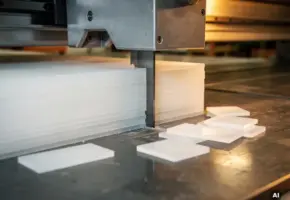 Precisie snijmachine snijdt gestapelde transparante kunststofplaten met minimale materiaalverspilling op industriële werkvloer.