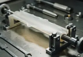 Dun plastic onderdeel in precisie-snijmal geklemd, met zichtbare vervormingsspanning langs de randen op een stalen werkbank.