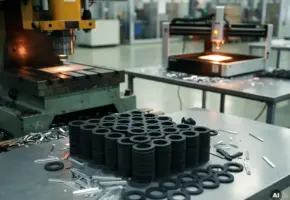 Industriële ponspers stempelt stapel identieke rubberen pakkingen; lasercutter en materiaalresten zichtbaar op metalen werkbank op fabrieksvloer.