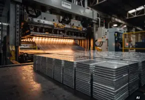 Industriële pers stempelt precisie plaatmetalen onderdelen in serie, afgewerkte componenten gestapeld op stalen fabrieksvloer met warme amber gloed.