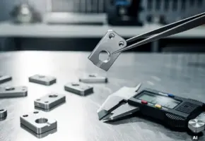 Titanium luchtvaartbeugel vastgehouden met metalen pincet boven werktafel, omringd door componenten en digitale schuifmaat.