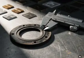 Versleten rubberen pakking naast nieuw vervangingsonderdeel op stalen werkbank, gemeten met schuifmaat.