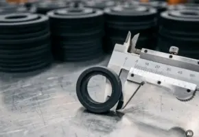 Rubberpakking gemeten met metalen schuifmaat op stalen werkbank, gestapelde componenten op achtergrond, close-up in fabrieksomgeving.