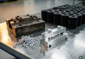 Versleten industriële snijmal naast een nieuw precisie-stempelgereedschap op stalen werkblad, met metaalspanen en afgekeurde rubberonderdelen.