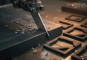 Stalen snijmes drukt in rubberen plaat op werkbank, met geometrisch uitgestanste vormen en scherpe snijranden zichtbaar.