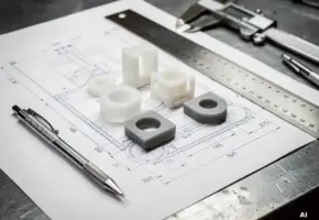 Technische tekening op wit papier met doorzichtige kunststof onderdelen, schuifmaat en stalen liniaal in industriële werkplaats.