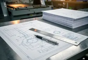 Technische tekening met handgeschreven revisiemarkering op stalen werktafel, mechanisch potlood en metalen liniaal erop, freesmachine op achtergrond.