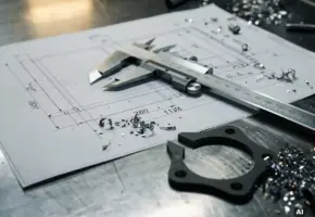 Stalen schuifmaat op technische maattekening, omringd door metaalspanen en een verkeerd gesneden rubberen pakking.
