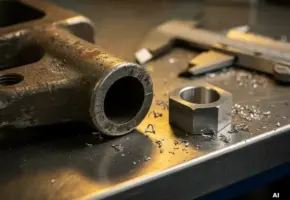 Versleten machinedeel naast nieuw precisie-gefabriceerd vervangingsonderdeel op stalen werkbank, met metaalspanen en schuifmaat.